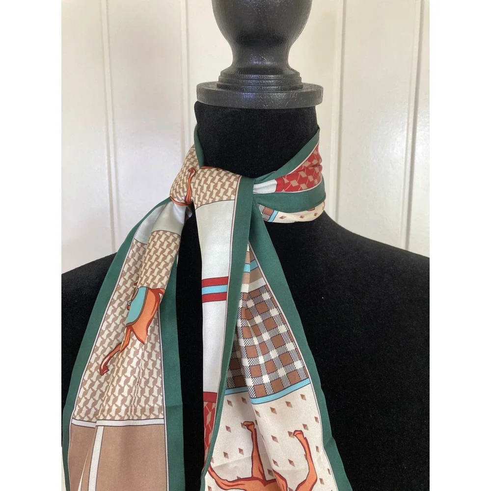 Equestrian Horse Print Skinny Scarf Red Green Patchwork Twilly Handbag Ribbon